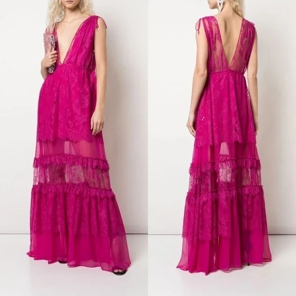 Alexis Dress Umbria Tiered Lace Tulle Silk Maxi Wedding Pink Fuchsia XS GUC - Picture 11 of 11